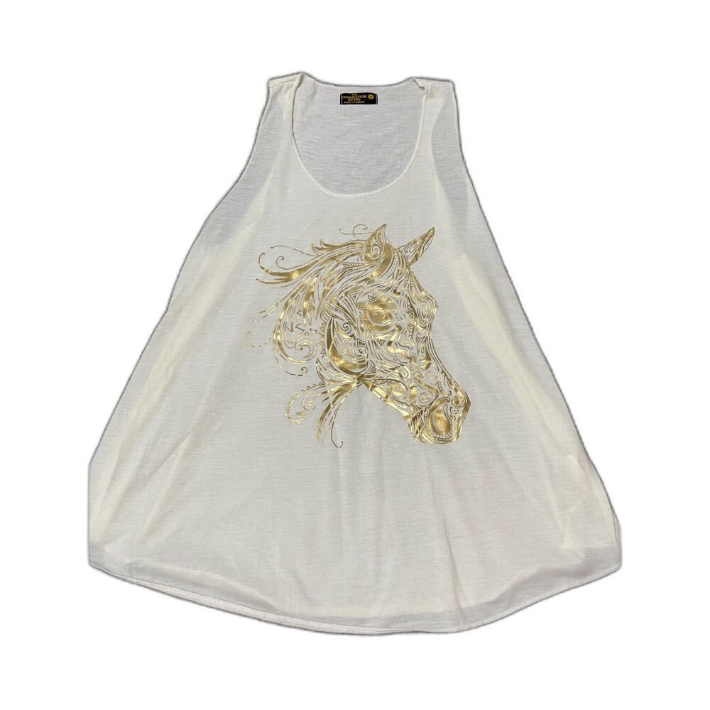 The Collection Royal white horse scoop neck flare-hem graphic tank top L/XL